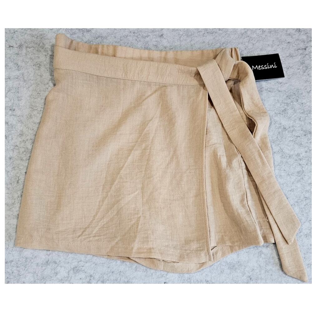 Messini Wrap Mini Skirt Skort Tie Waist Linen Look Beige, Built in Shorts, Sz M